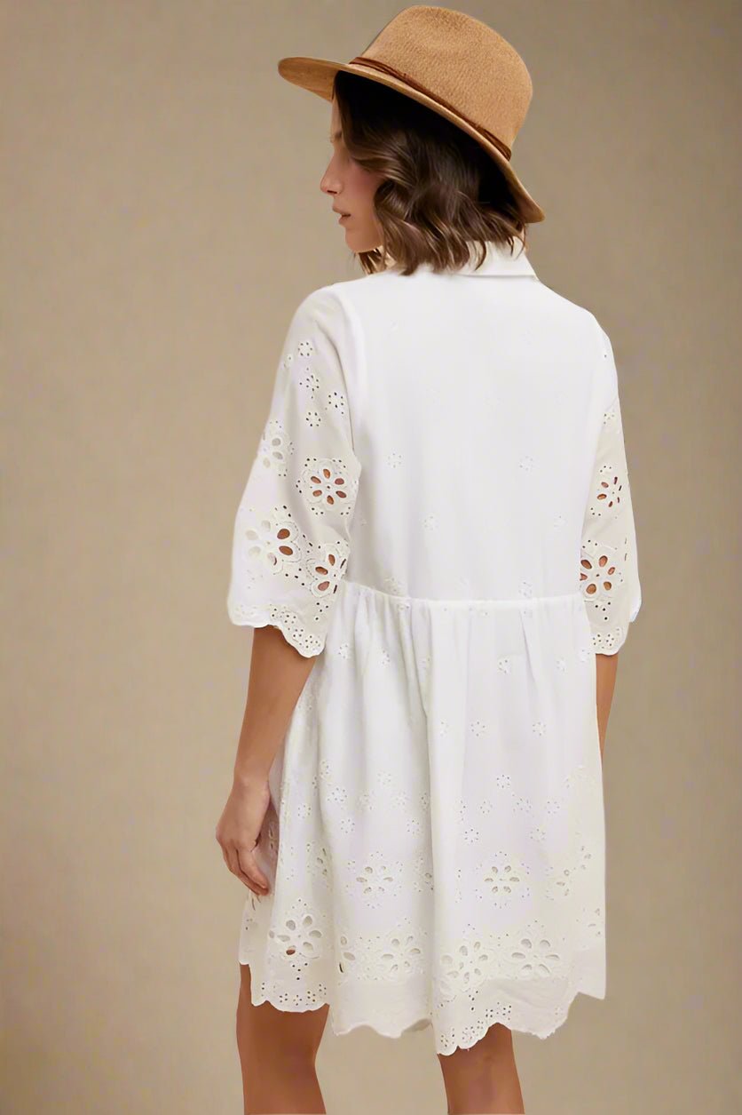 ANNIE WEAR - White Eyelet Embroidered Babydoll Mini Dress