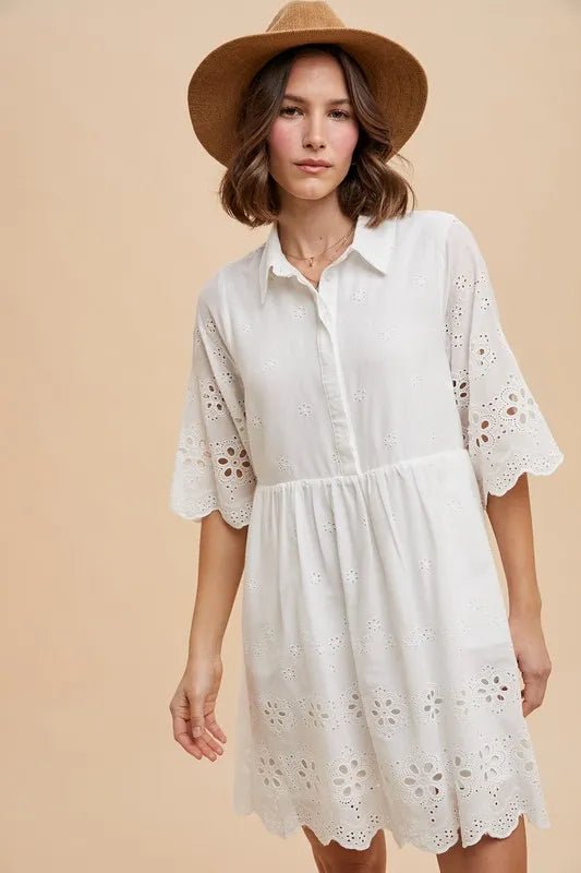 ANNIE WEAR - White Eyelet Embroidered Babydoll Mini Dress