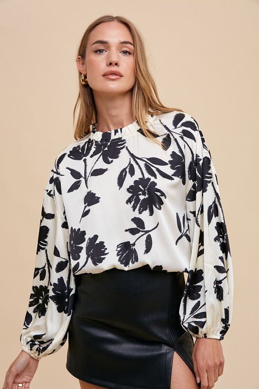 ANNIE WEAR - White Floral Print Long Sleeve Blouse