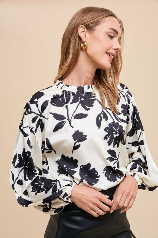 ANNIE WEAR - White Floral Print Long Sleeve Blouse