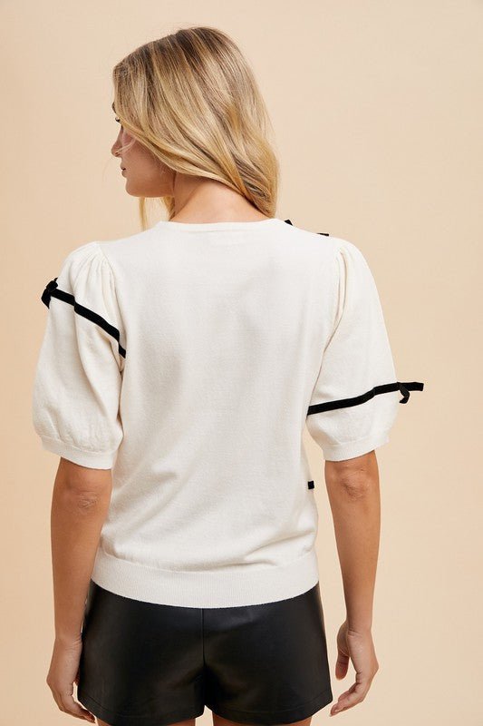 ANNIE WEAR - White Striped Bow Detail Knit Top