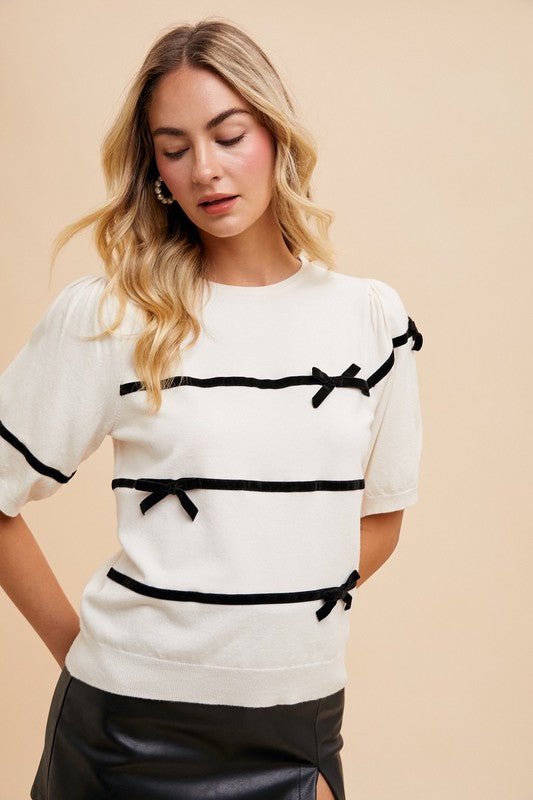 ANNIE WEAR - White Striped Bow Detail Knit Top