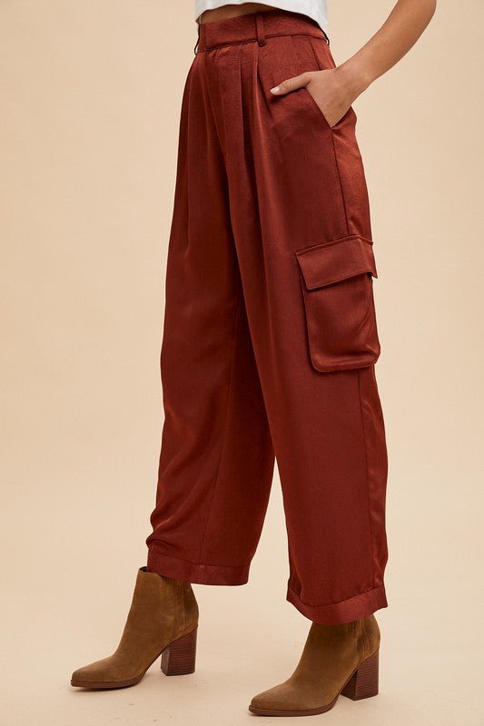 ANNIE WEAR - Wide Leg Satin Cargo Pants in Burgundy