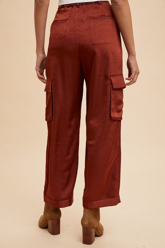 ANNIE WEAR - Wide Leg Satin Cargo Pants in Burgundy