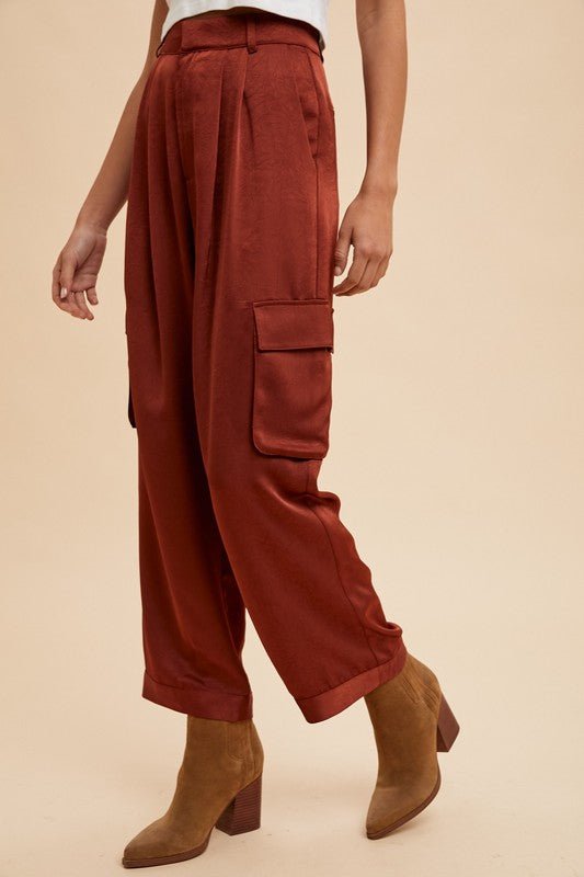 ANNIE WEAR - Wide Leg Satin Cargo Pants in Burgundy