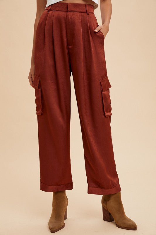 ANNIE WEAR - Wide Leg Satin Cargo Pants in Burgundy