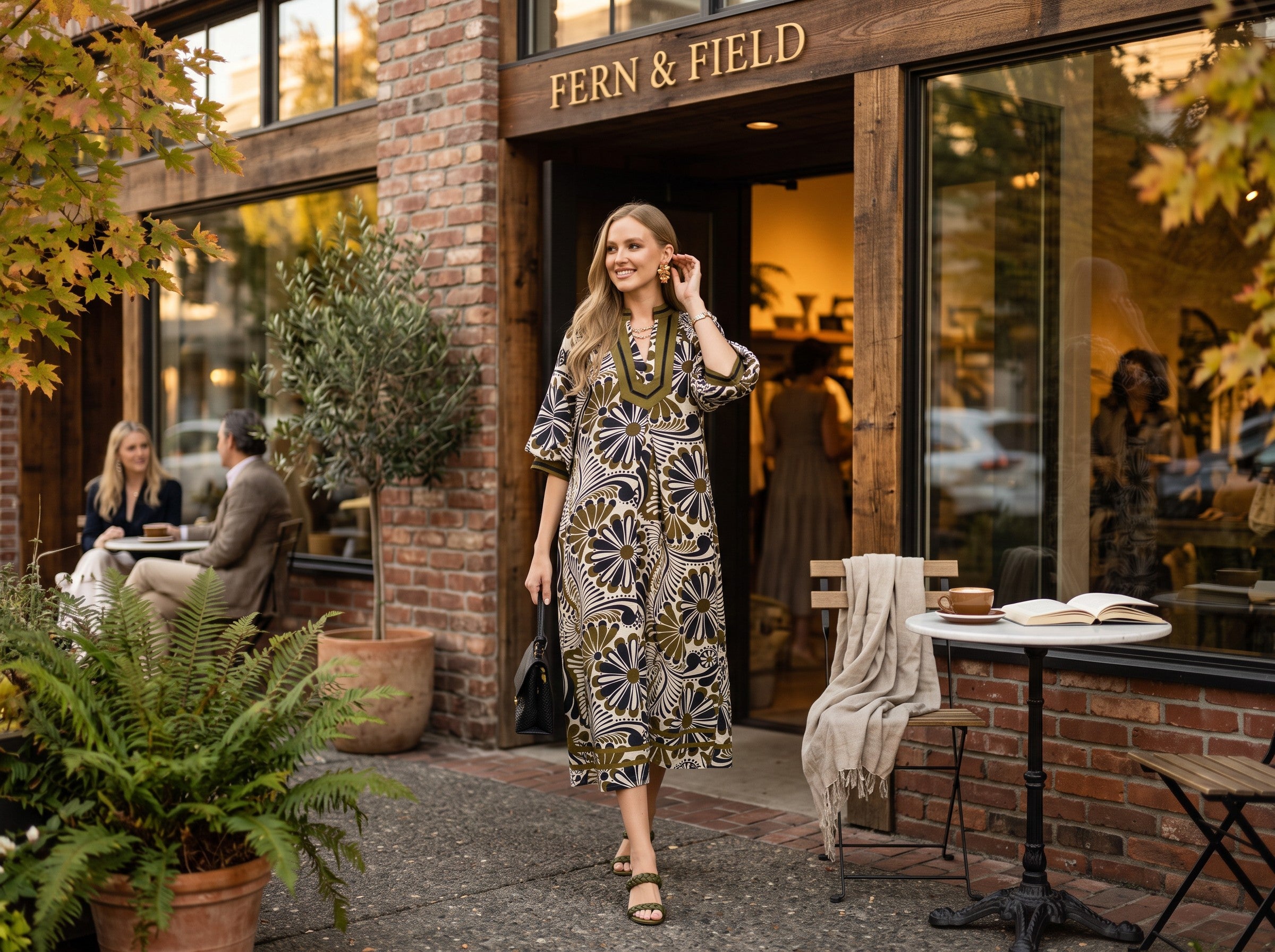 A woman wearing a long-sleeve midi dress with a geometric floral pattern in olive green, gold, and black walks out of Fern & Field boutique. The boutique features a brick exterior, large windows, and outdoor seating with a potted fern in the foreground.