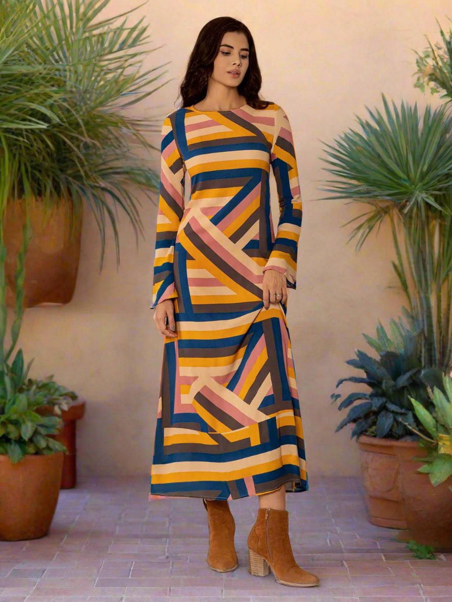 Multicolor Geometric Flare Sleeve Midi Dress