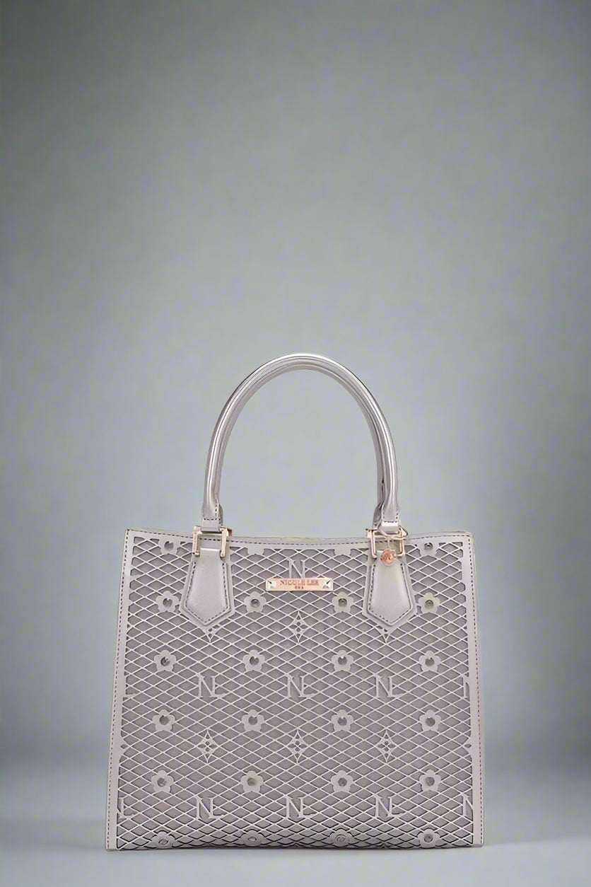 Gray handbag with floral pattern on a white background