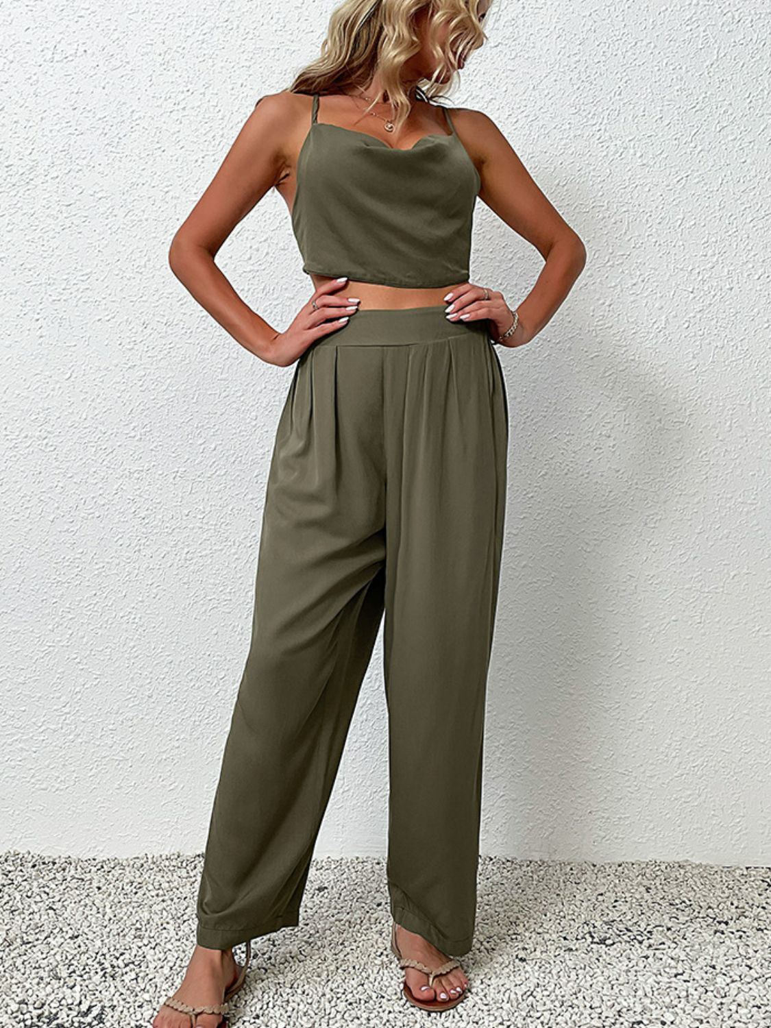 Crisscross Back Cropped Top and Pants Set in Sage