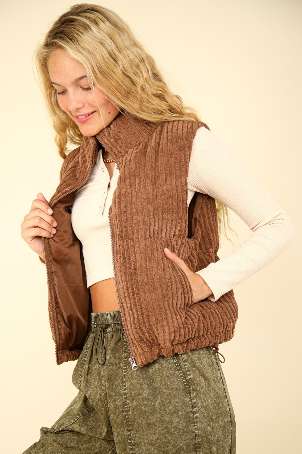 Zip Up Corduroy Puffer Vest in Chocolate