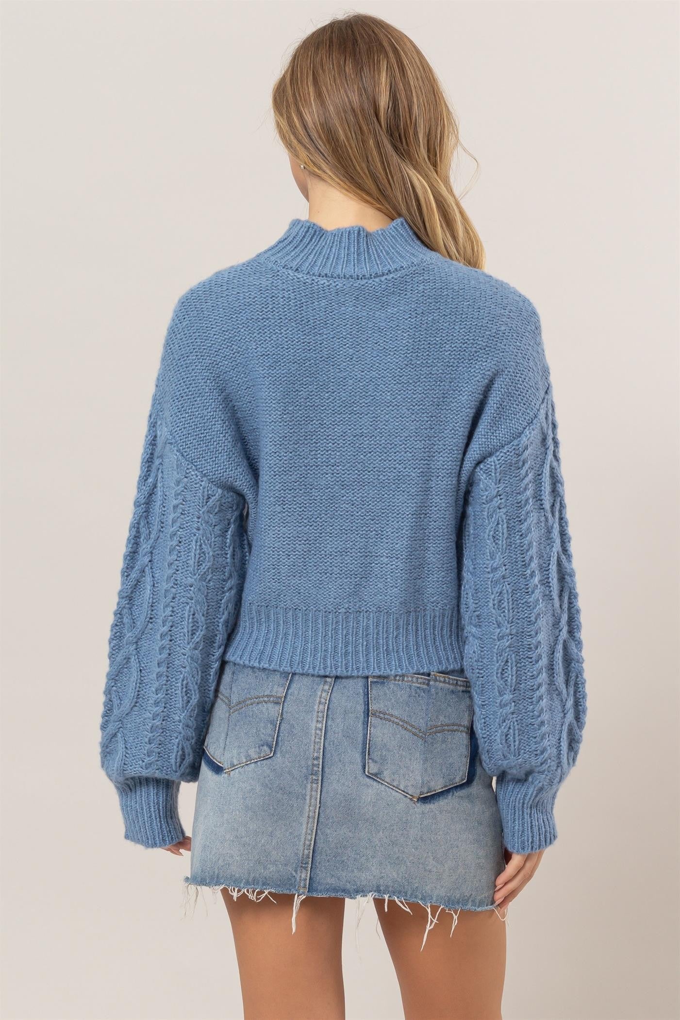 Gray Blue Cable Knit Mock Neck Sweater