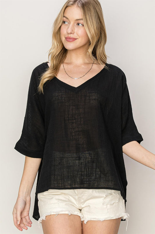 V-Neck High-Low Tunic T-Shirt in Black
