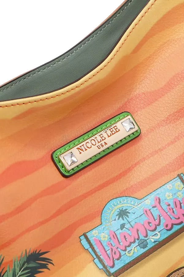 Close-up of a colorful bag with 'Nicole Lee' branding and 'Island Life' design.