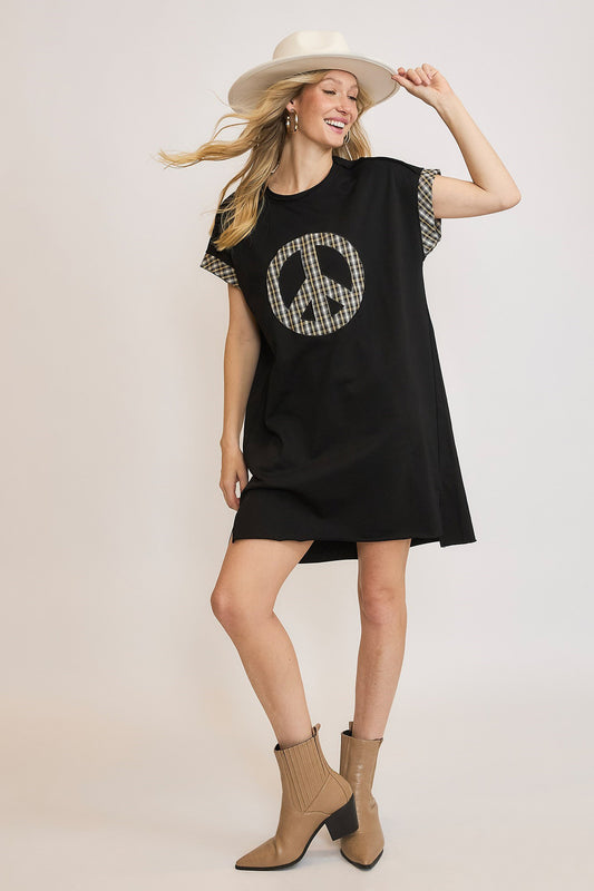 Black Peace Applique Short Sleeve Mini Dress