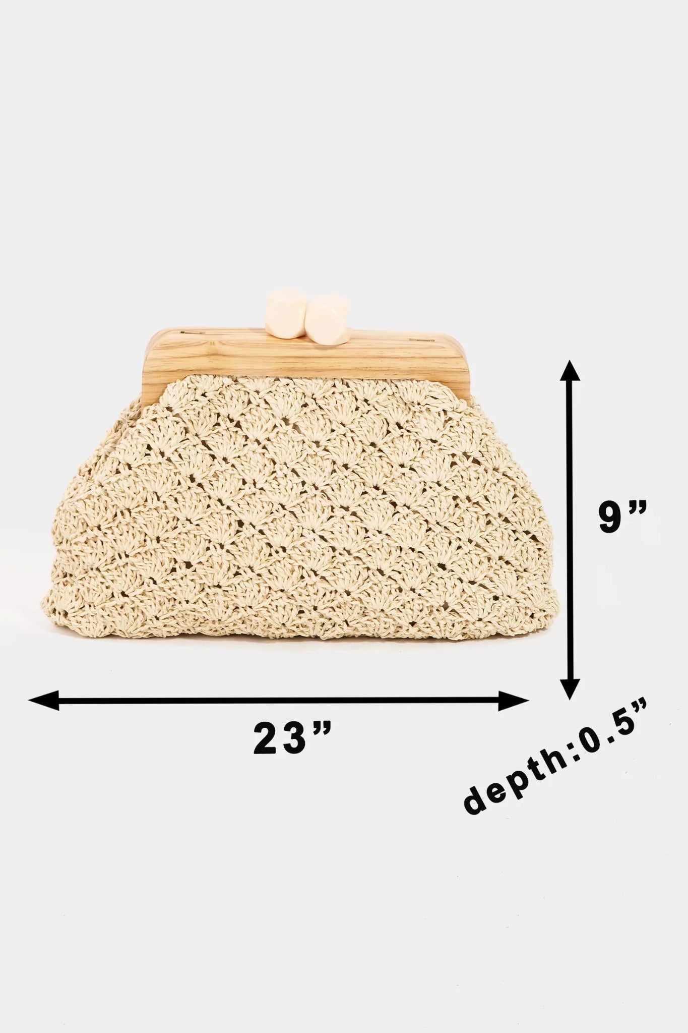 Beige handbag with dimensions labeled on a white background