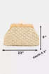 Beige handbag with dimensions labeled on a white background
