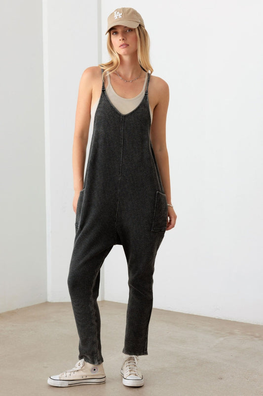 Waffle Knit Sleeveless Jumpsuit with Pockets in Charcoal