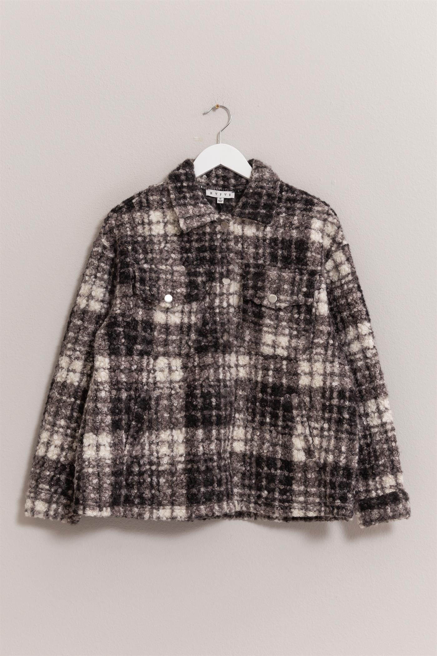 Black Plaid Button Up Bouclé Jacket