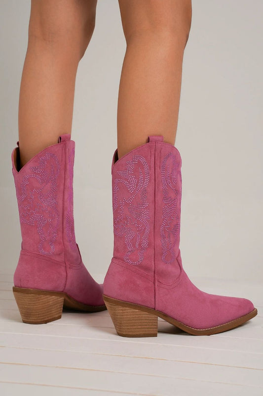 Vegan Suede Rhinestone Cowgirl Boots in Cerise