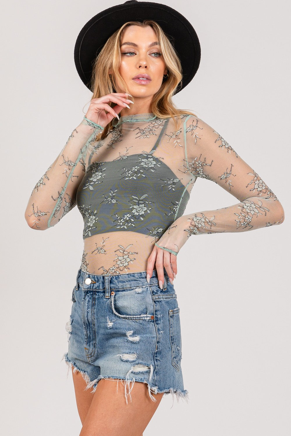 Sage Embroidered Floral Mesh Long Sleeve Top