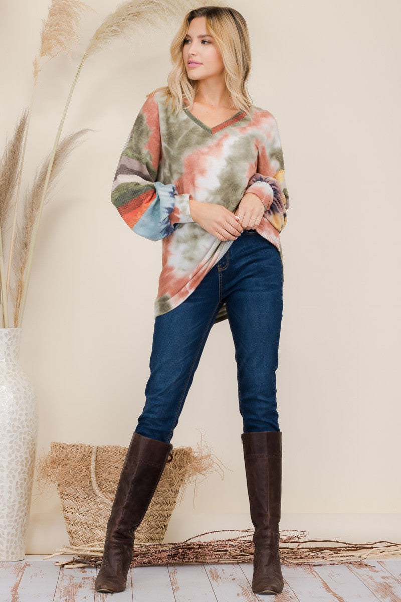 Tie-Dye Striped V-Neck Blouse in Olive