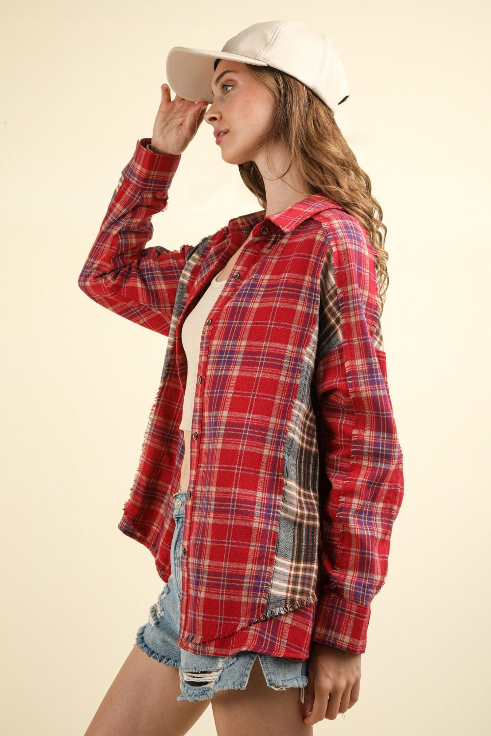 Red Contrast Plaid Raw Seams Shirt