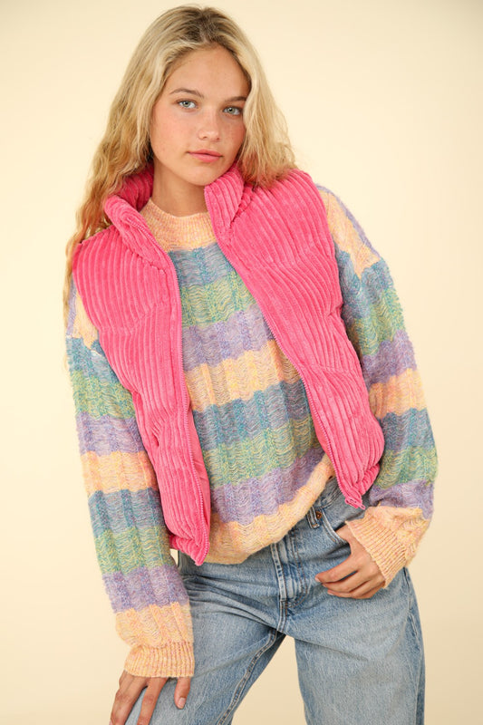 Pink Zip Up Corduroy Puffer Vest