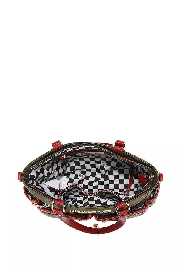 Designer handbag with red accents and checkered interior on a white background