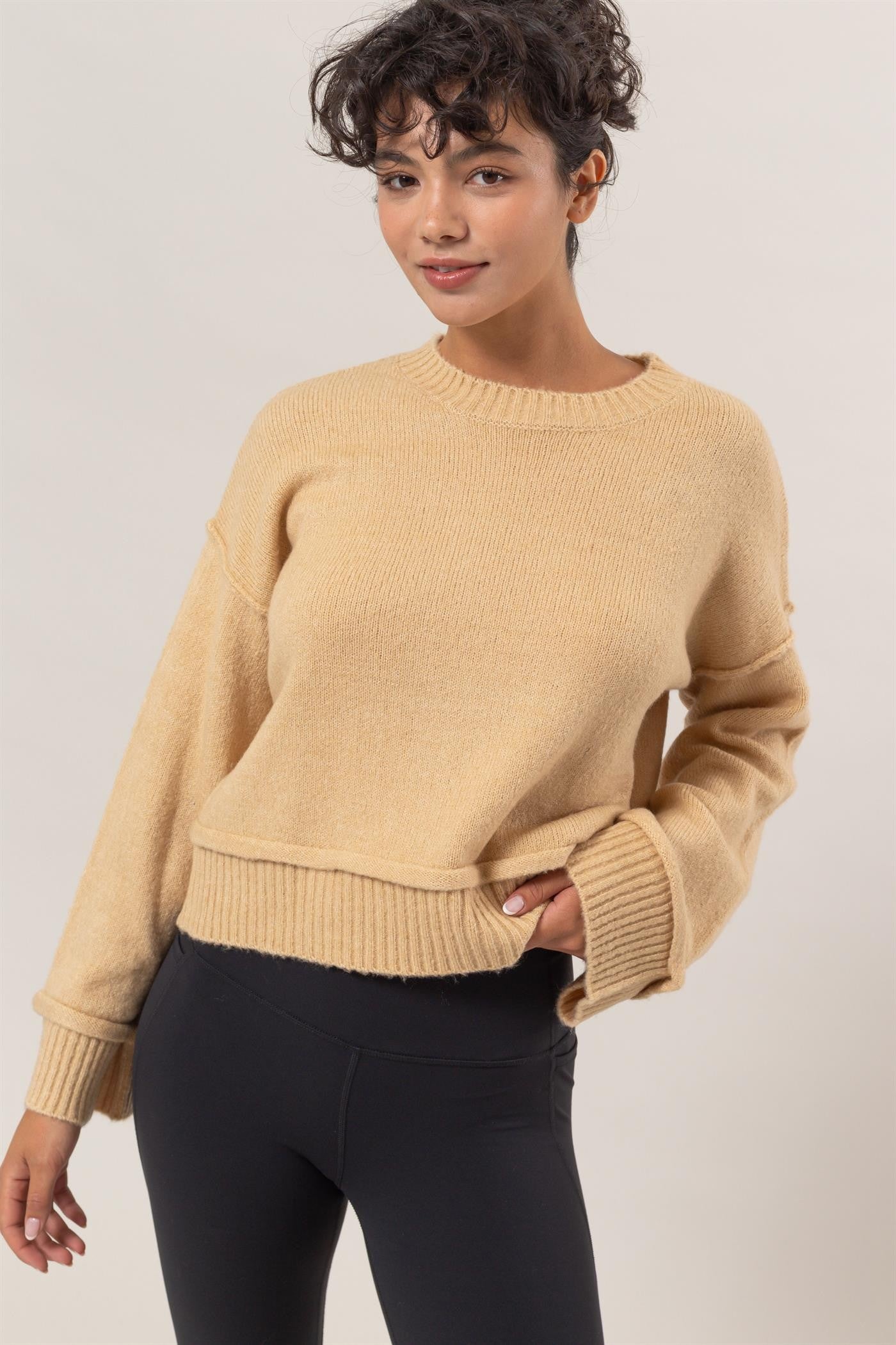 Dropped Shoulder Rib Knit Sweater in Taupe