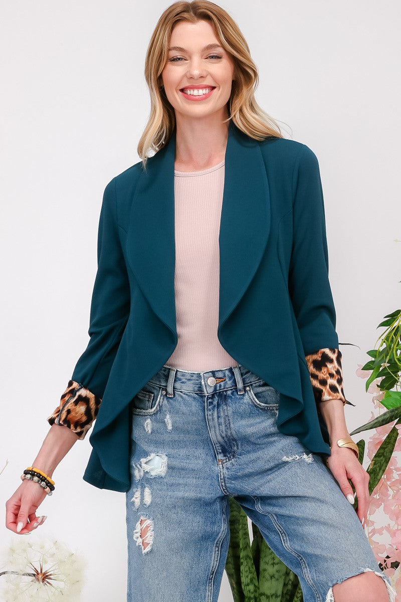 Hunter Green Leopard Cuff Open Front Blazer