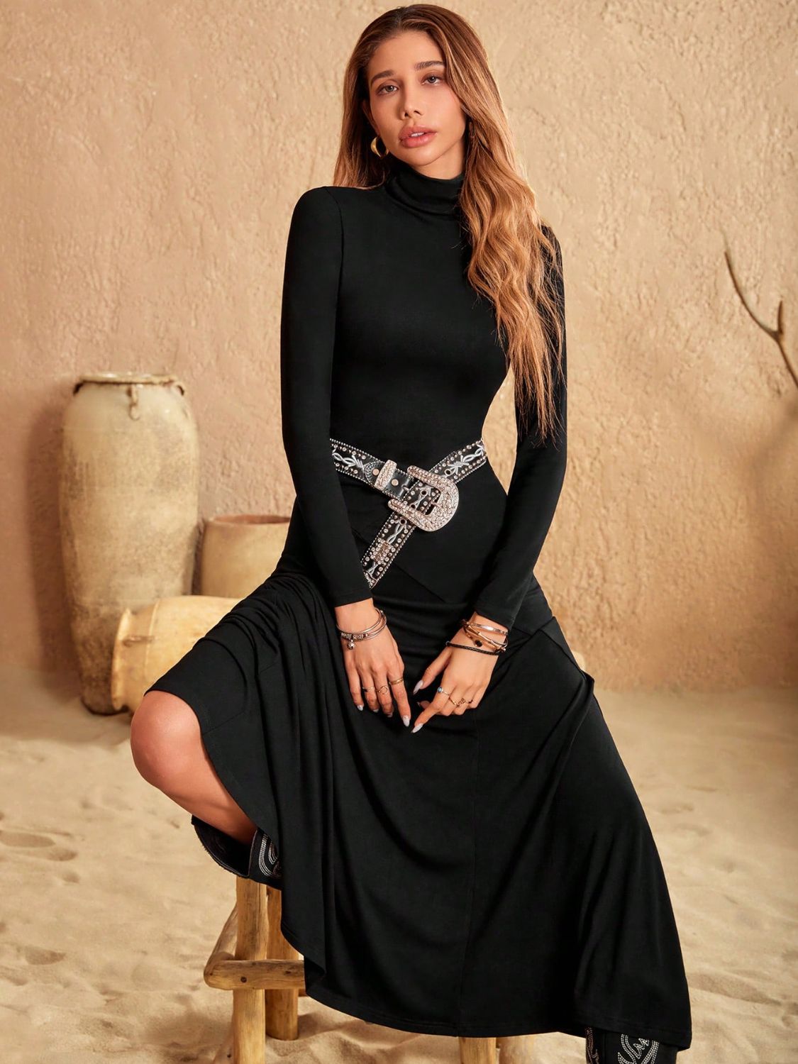 Black Long Sleeve Turtleneck Maxi Dress