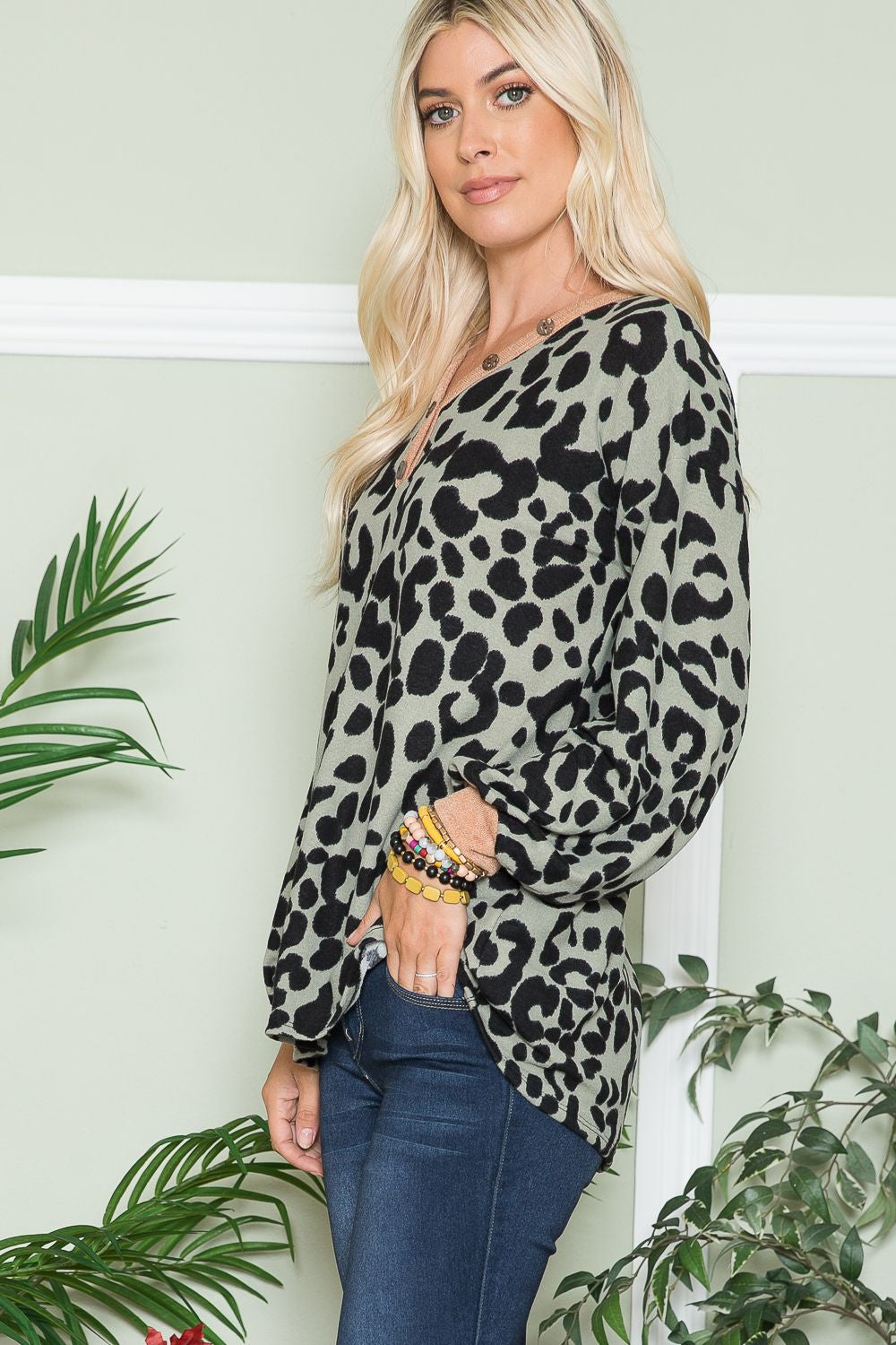 Leopard Print V-Neck Long Sleeve Blouse in Olive