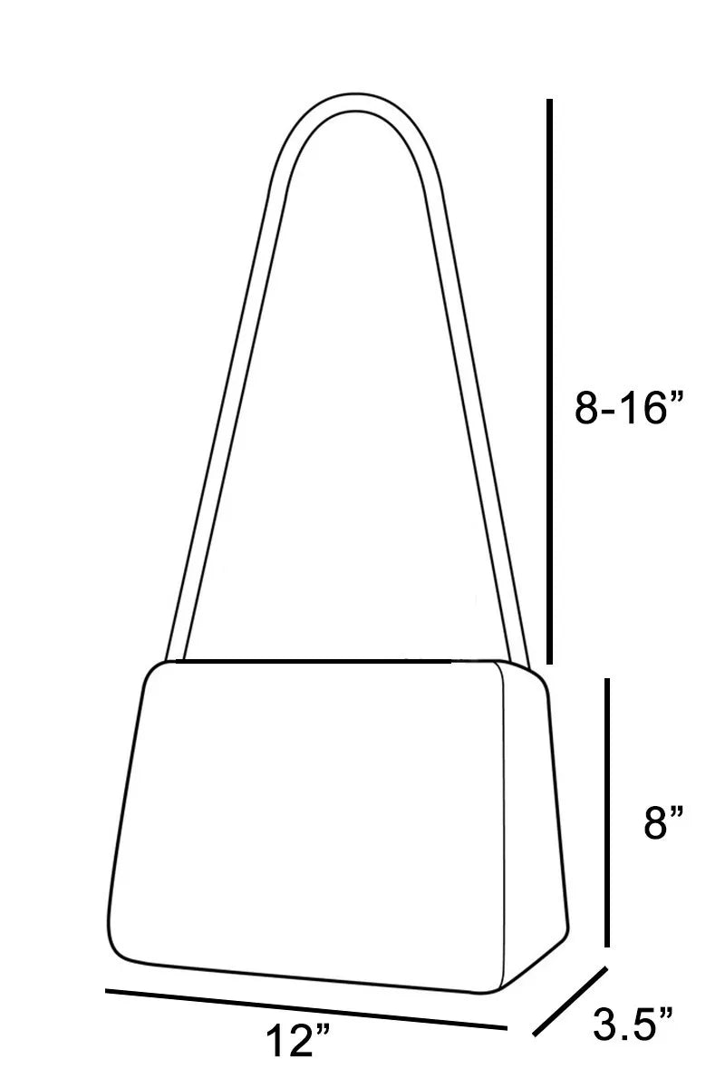 Line drawing of a handbag with dimensions labeled