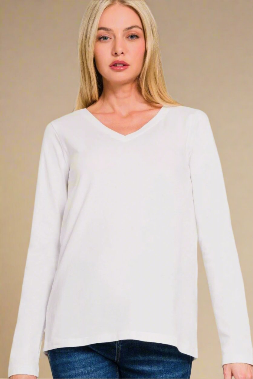 White Long Sleeve V-Neck T-Shirt