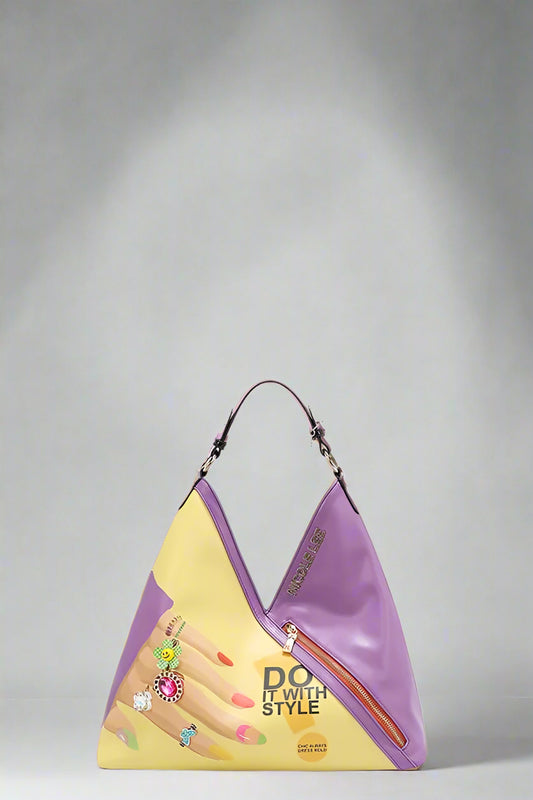 Purple and yellow handbag with a design of hands holding jewelry on a white background