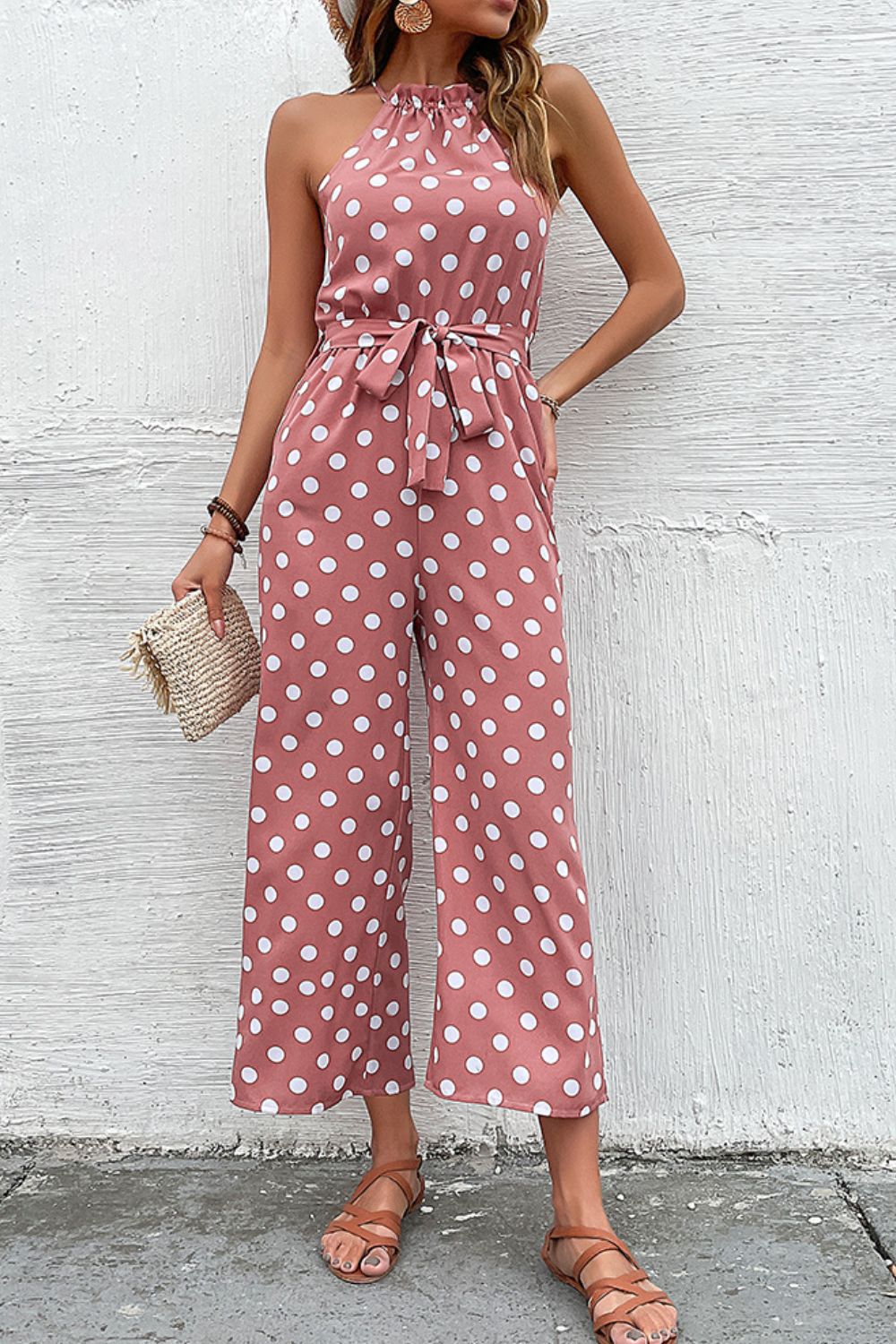 Polka Dot Grecian Neckline Wide Leg Jumpsuit