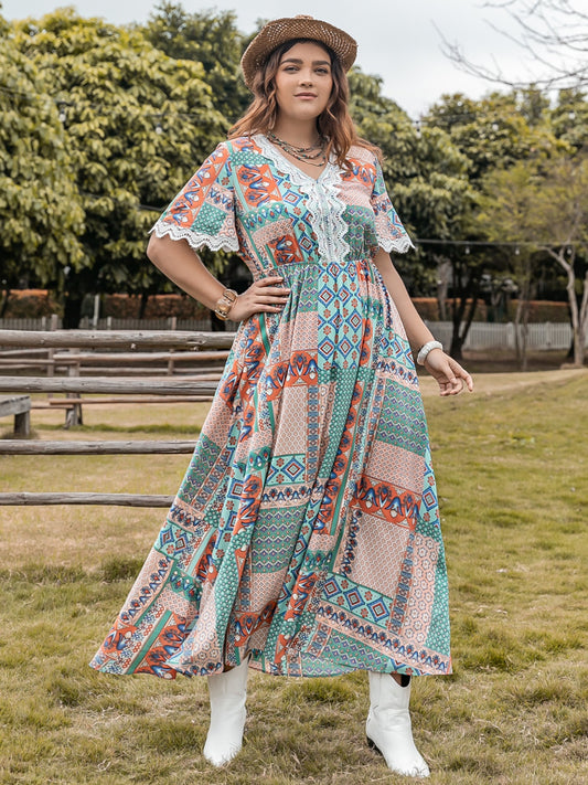 Plus Size Lace Detail Printed Half Sleeve Midi Dress in Turquoise