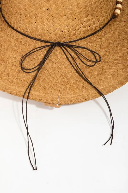 Straw hat with a black ribbon on a white background