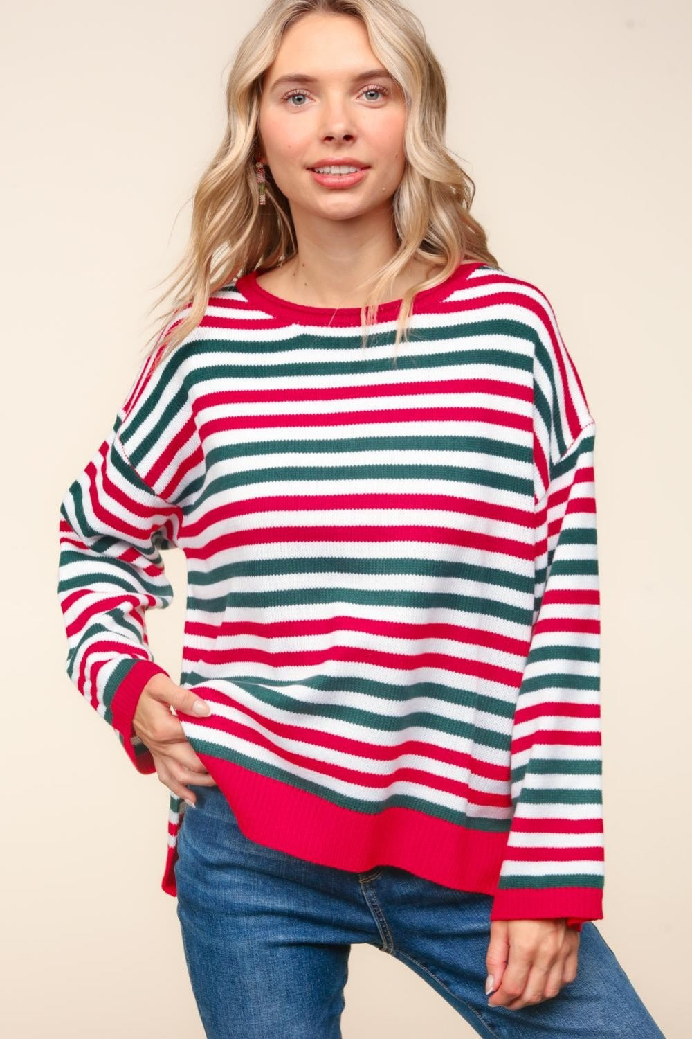 Striped Contrast Knit Tunic Top in Red Hunter Green