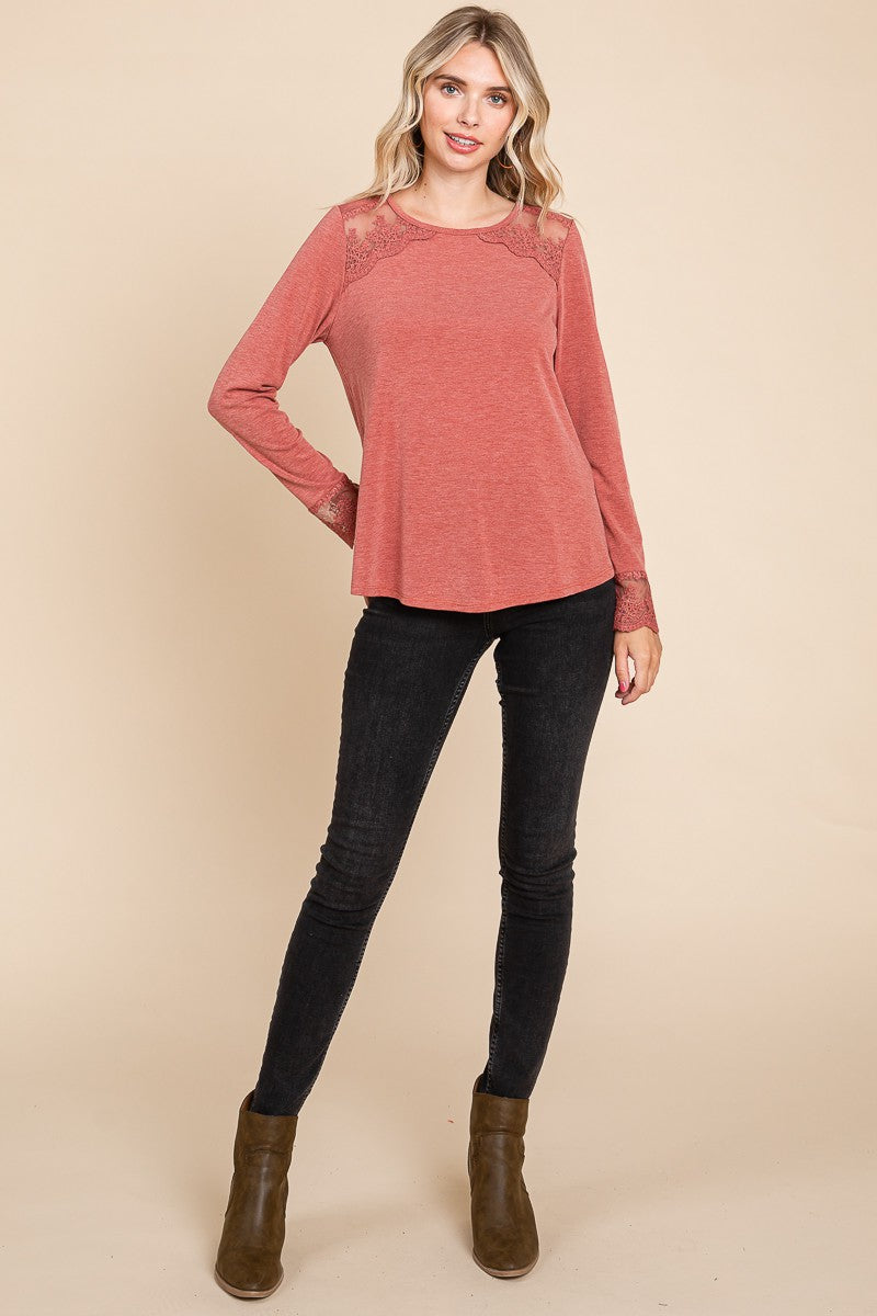 Lace Detail Long Sleeve T-Shirt in Rust