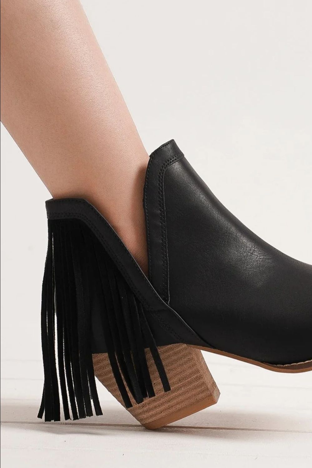 Black Vegan Leather Fringe Ankle Booties