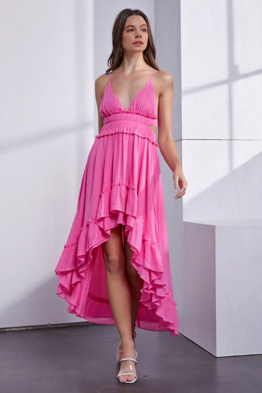 High-Low Hem Open Back Sleeveless Maxi Dress in Paradise Pink
