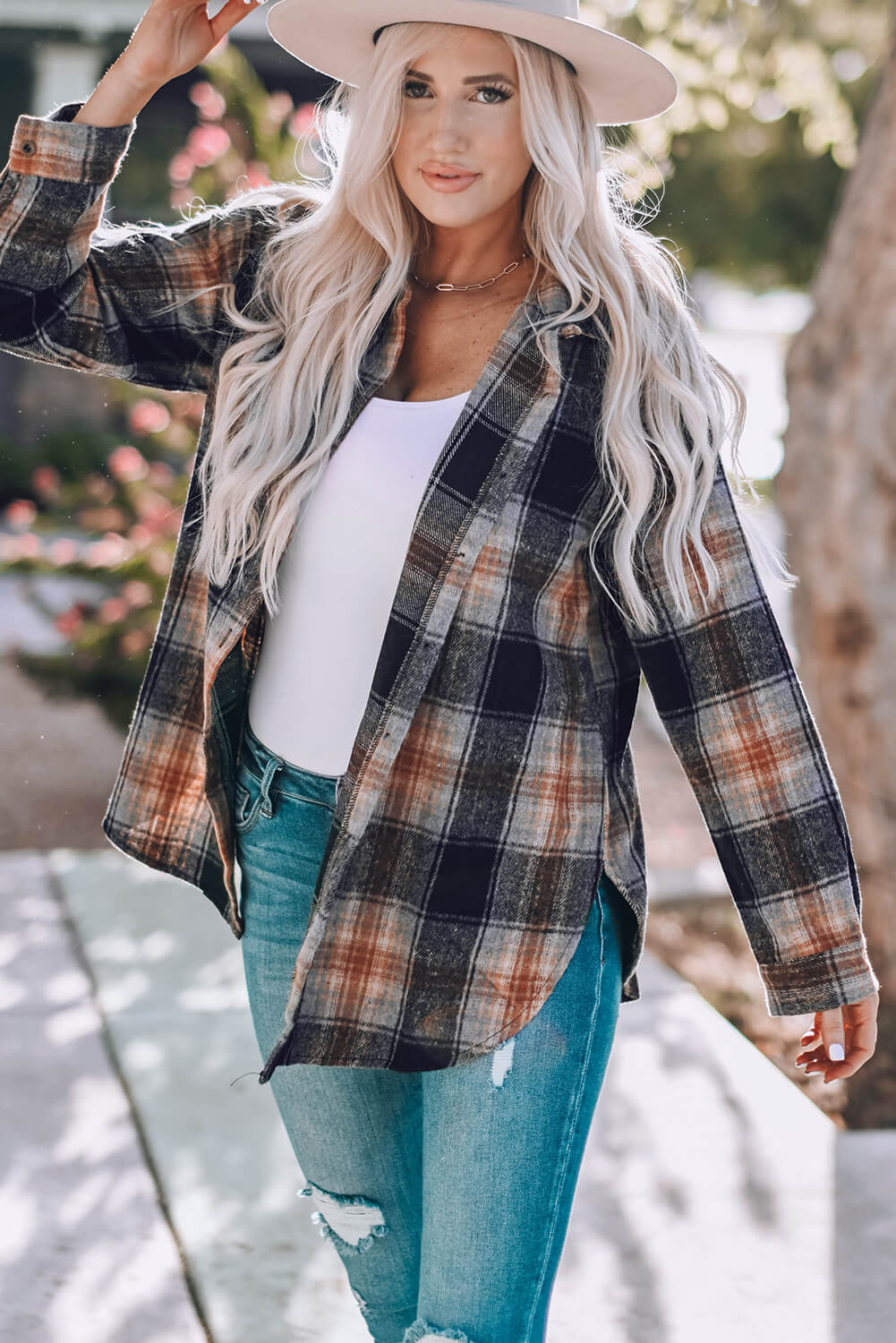 Black Plaid Curved Hem Tunic Shirt