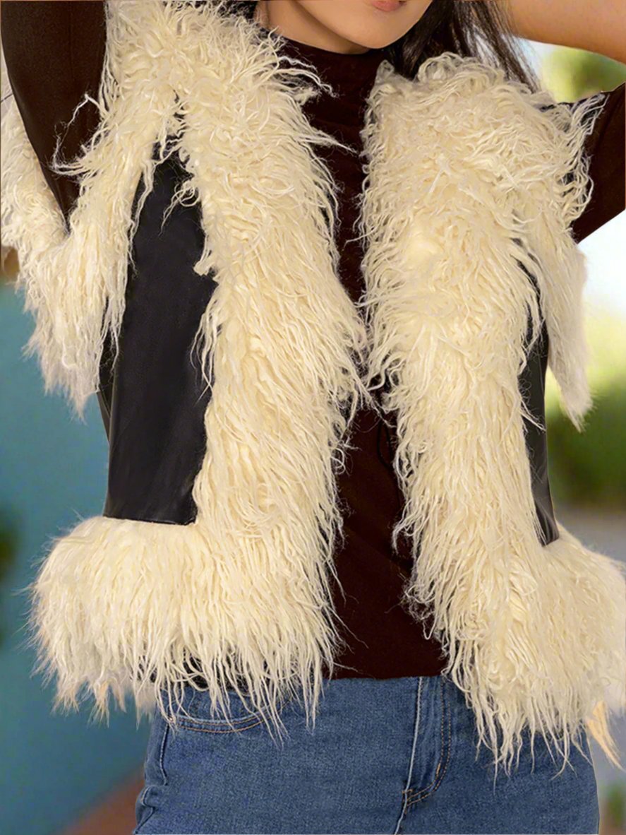 Black Faux Fur Fringe Vegan Leather Vest