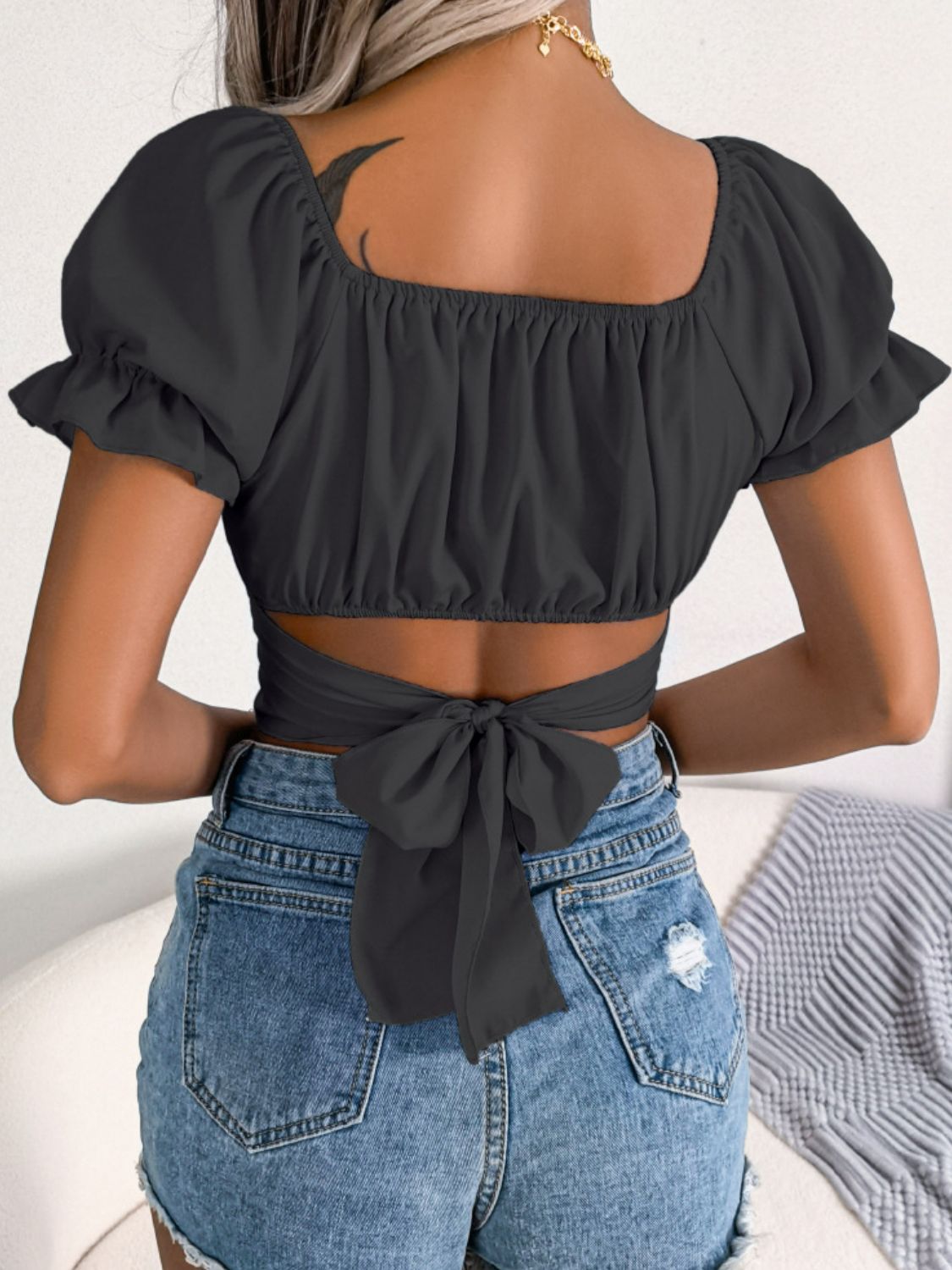 Square Neck Crisscross Puff Sleeve Cropped Top