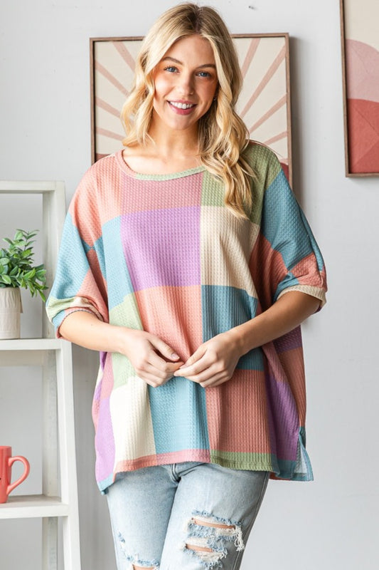 Checkered Crew Neck Tunic T-Shirt in Purple Olive