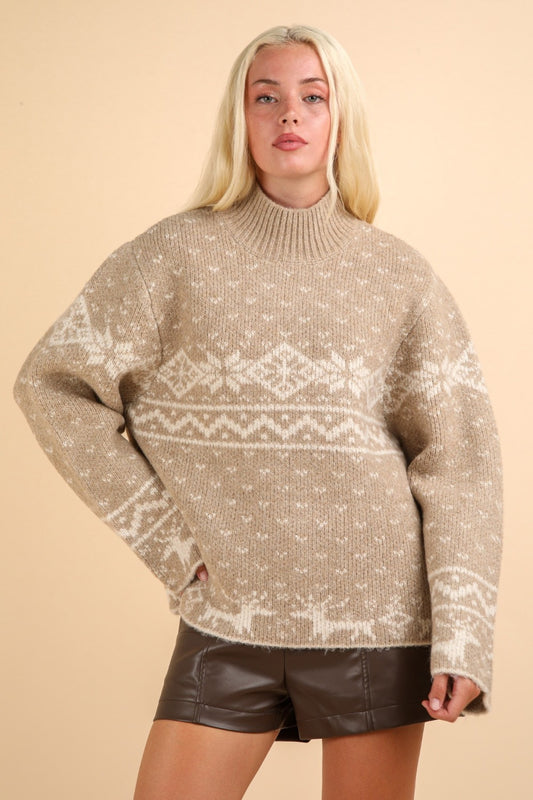 Christmas Design Mock Neck Sweater in Mocha