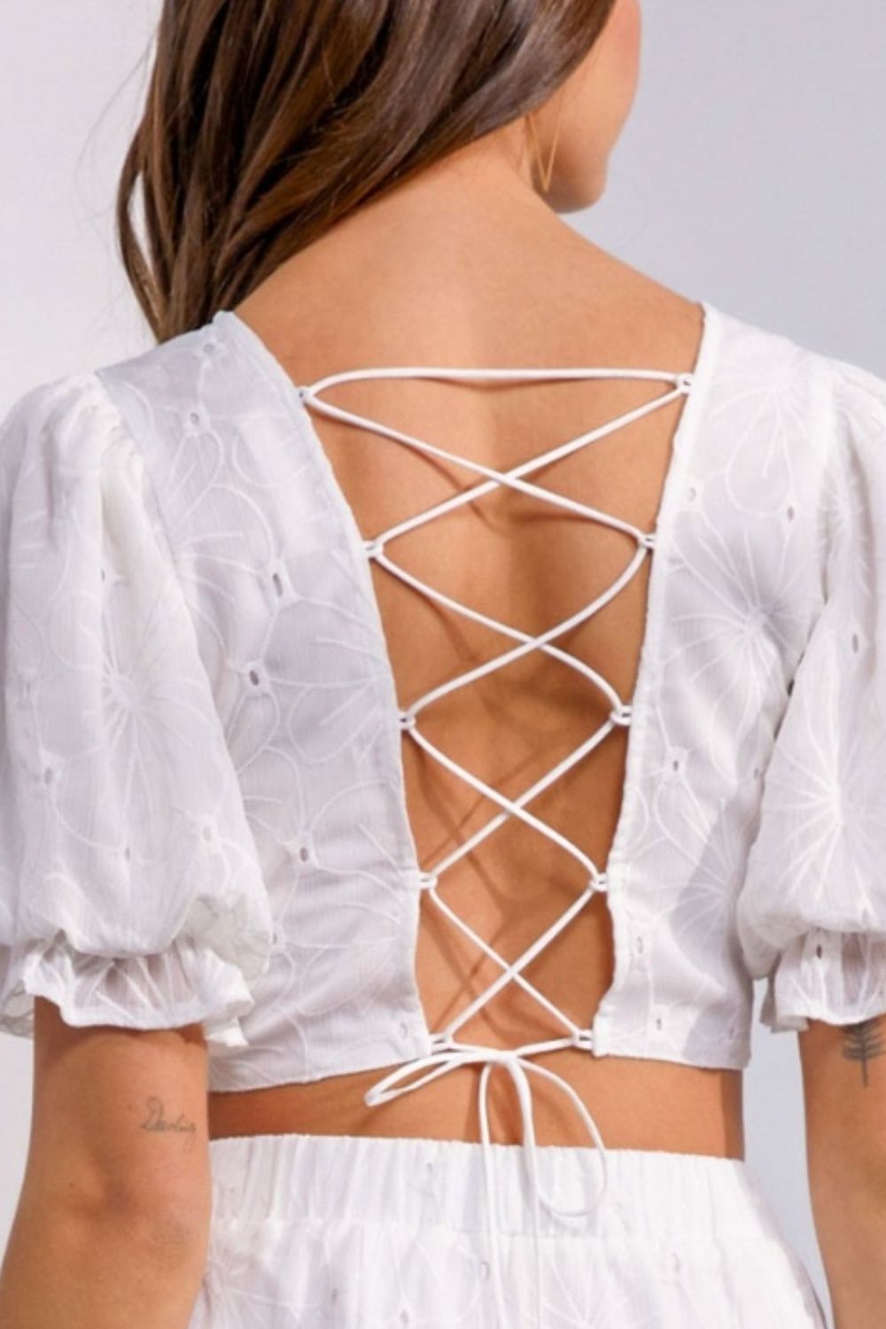 Back Lace Up Eyelet Fabric Crop Top in WhiteTopTASHA