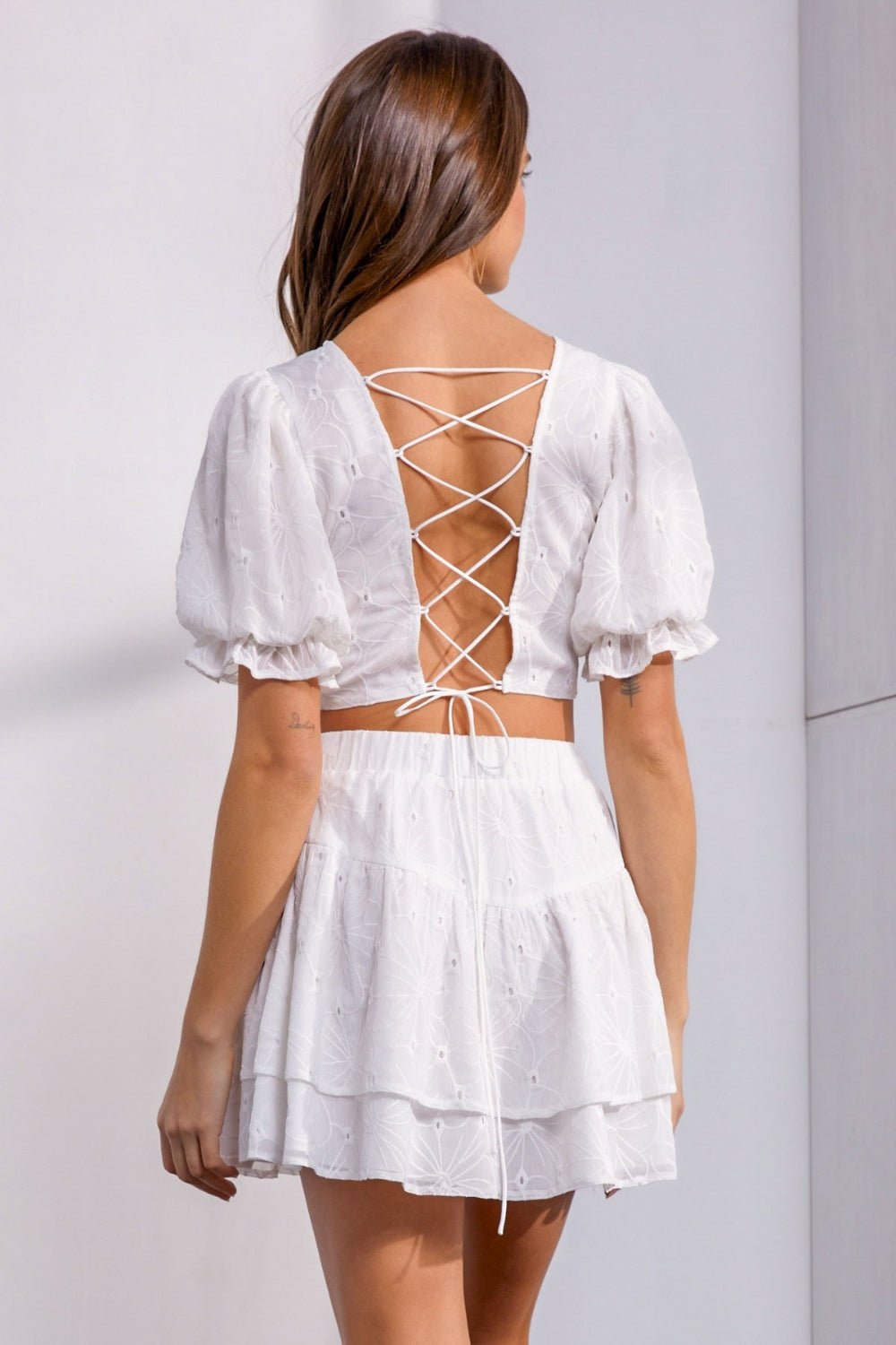 Back Lace Up Eyelet Fabric Crop Top in WhiteTopTASHA